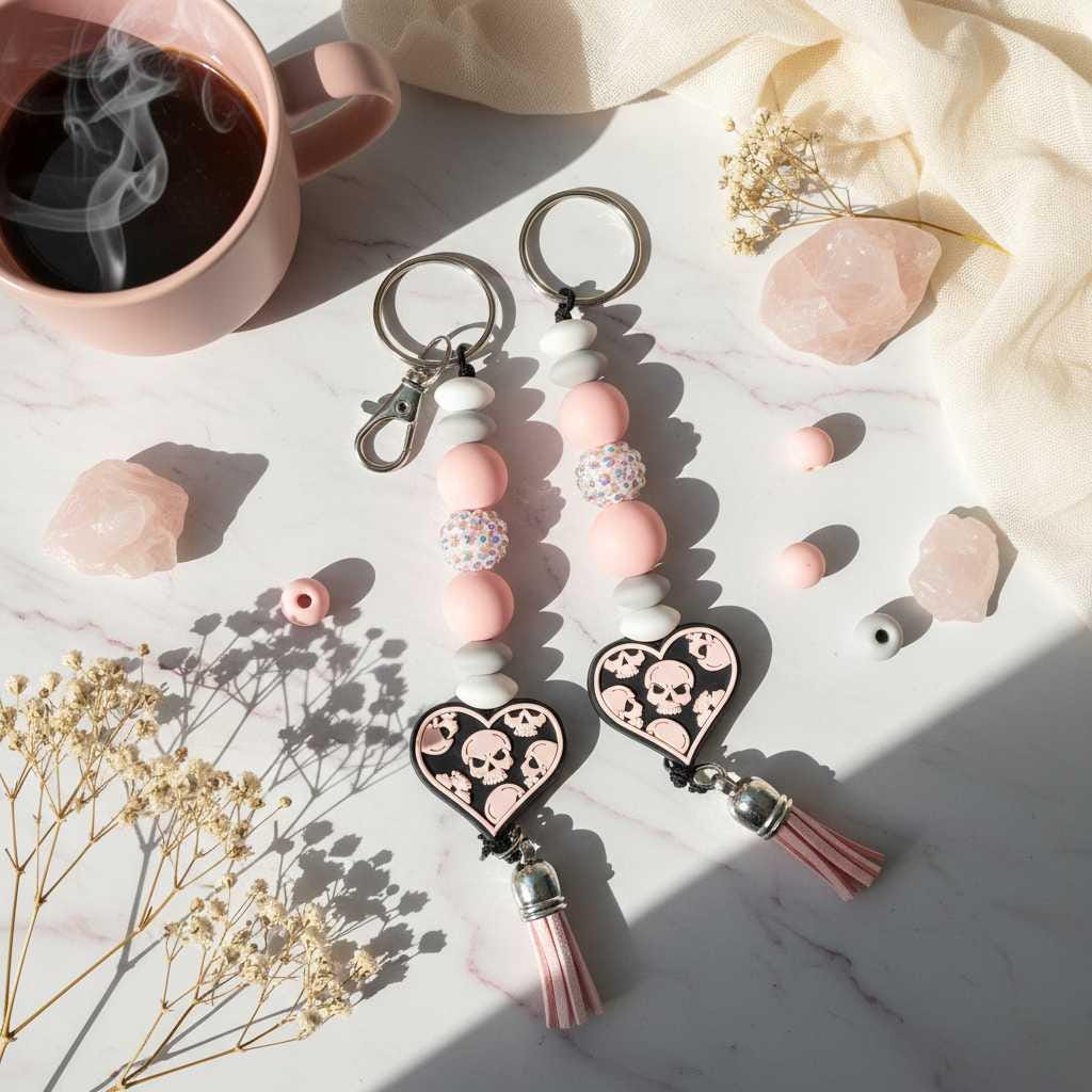 Handmade Pink & Black Skull Heart Beaded Keychain | Cute Goth Keychain | Gothic Purse Charm | Halloween Accessory | Alternative Gift