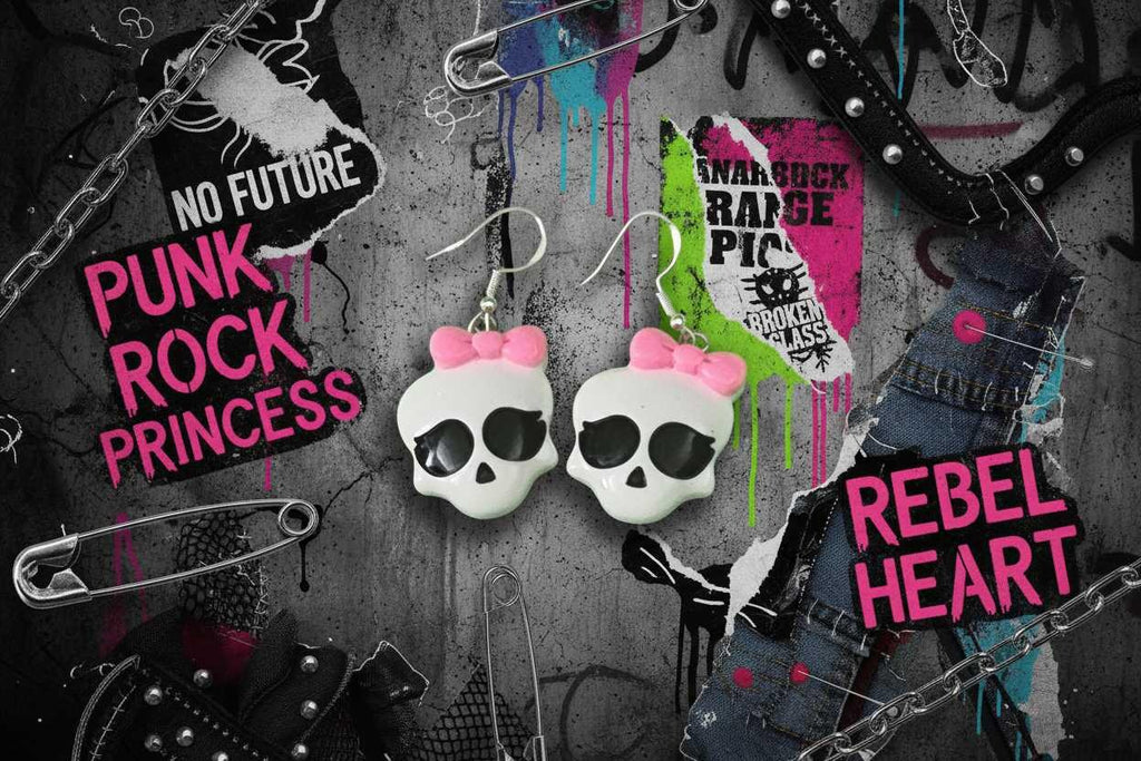 Skull Earrings with Pink Bow – Creepy Goth Jewelry