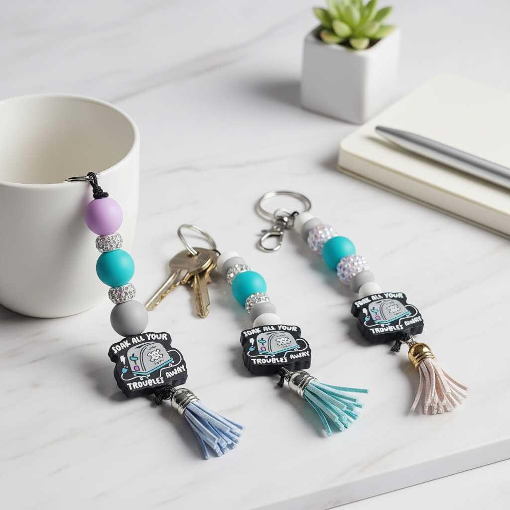 Gray Purple and blue Toaster Soak All Your Troubles Away Beaded Keychain