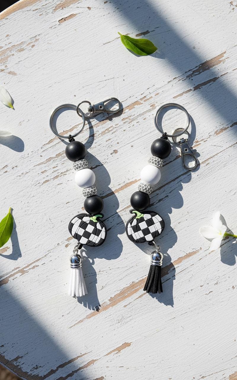 Handmade Black & White Checkered Pumpkin Keychain | Fall Beaded Keychain | Farmhouse Pumpkin Bag Charm | Halloween Key Ring | Autumn Purse Accessory | Cute Pumpkin Gift