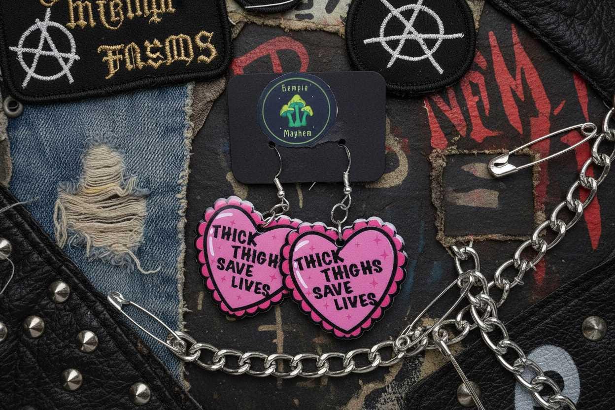 Thick Thighs Save Lives Heart Dangle Earrings | Funny Body Positive Handmade Statement Jewelry