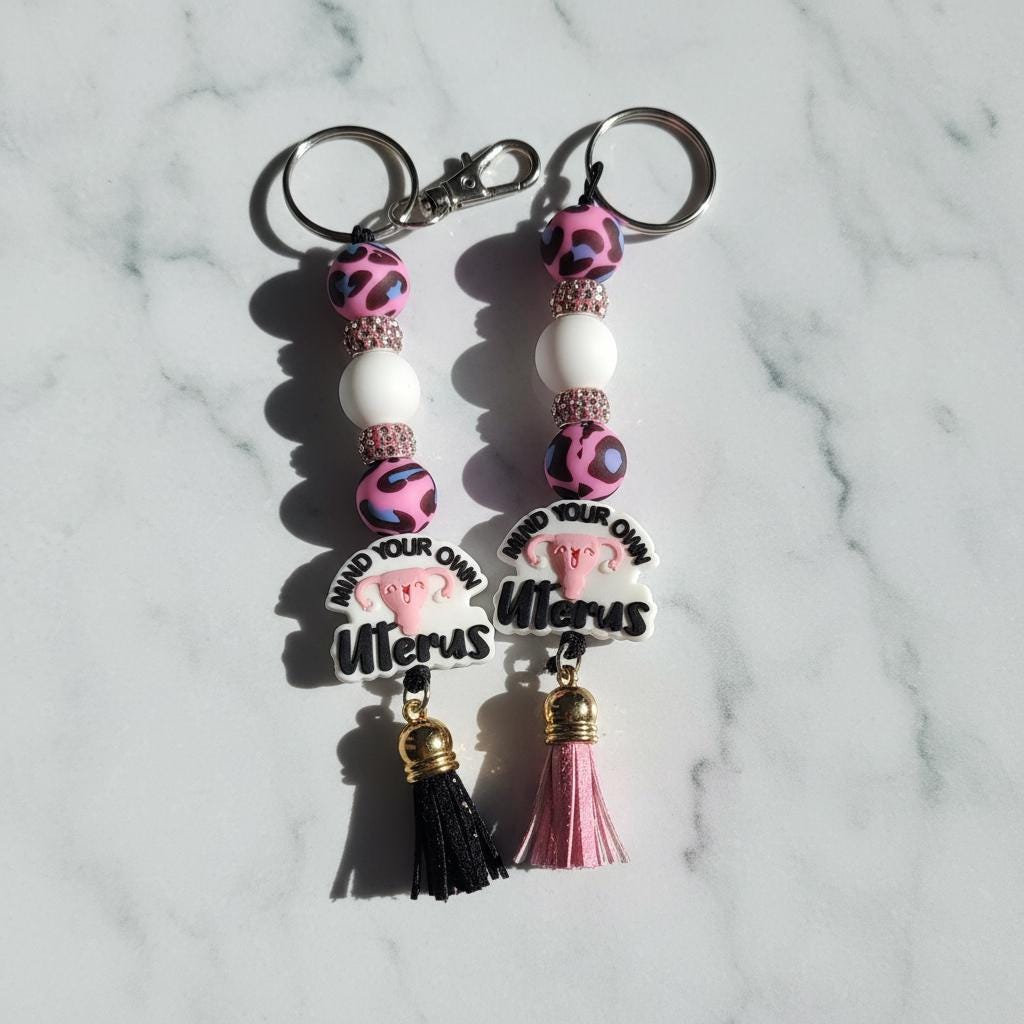 Mind Your Own Uterus Pink & White Beaded Keychain | Feminist Gift | Body Autonomy Accessory | Handmade Statement Keychain