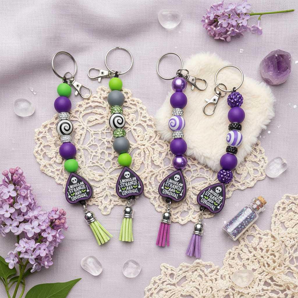 Strange & Unusual Gothic Beaded Keychain | Ouija Planchette Charm | Spooky Keychain | Goth Gift | Creepy Cute Accessory