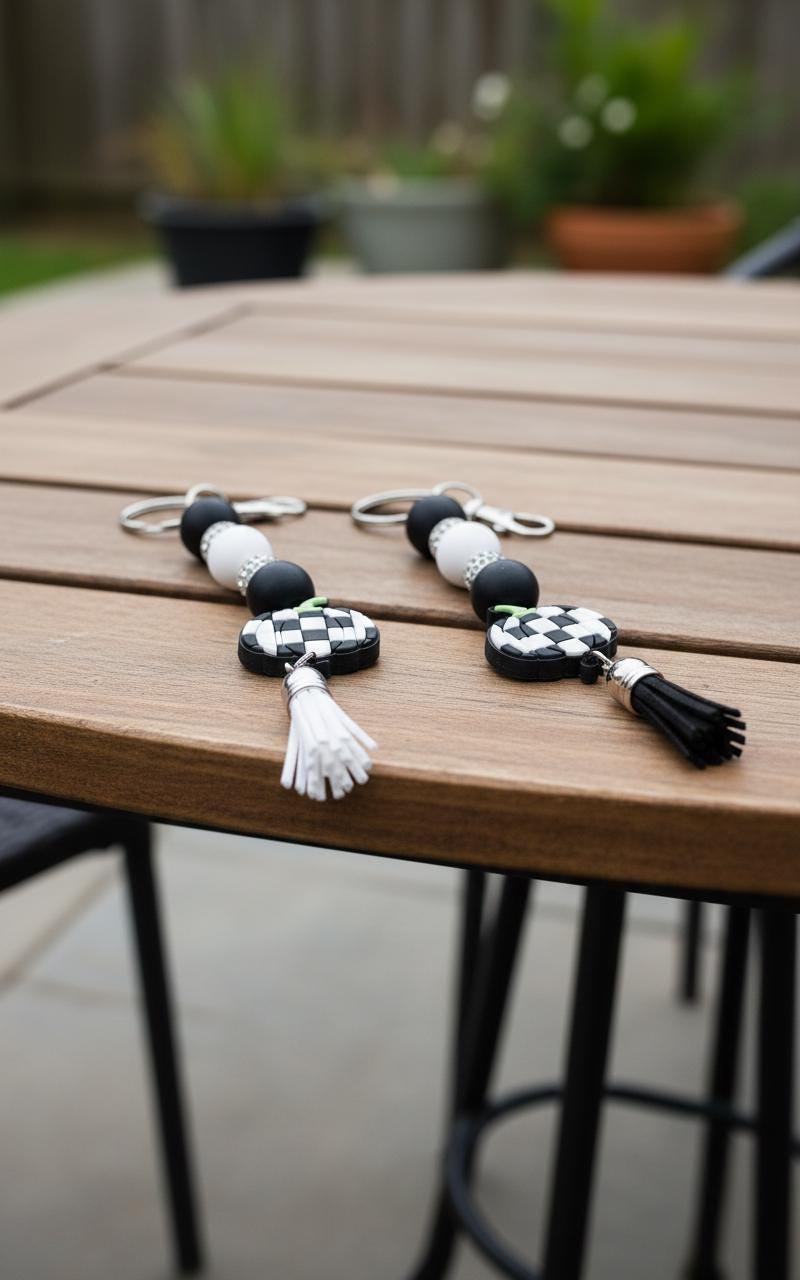 Handmade Black & White Checkered Pumpkin Keychain | Fall Beaded Keychain | Farmhouse Pumpkin Bag Charm | Halloween Key Ring | Autumn Purse Accessory | Cute Pumpkin Gift