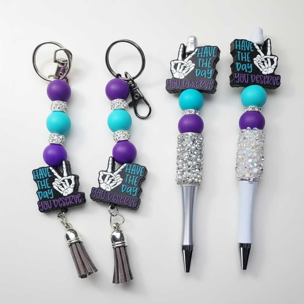 Purple and Blue Beaded Pen & Keychain Gift Set