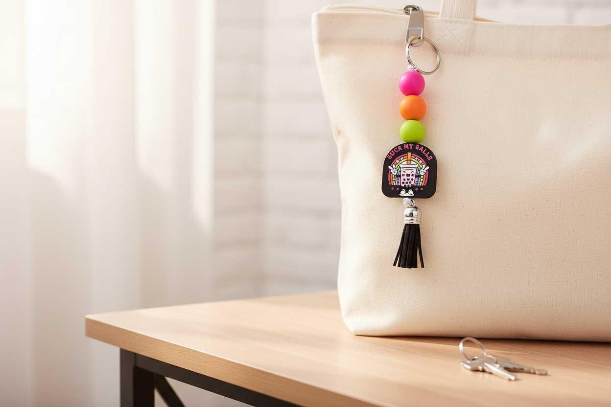 Beaded Keychain – Black Pink & Purple Wristlet Keychain, Funny Bag Charm, Trendy Handmade Accessory Gift