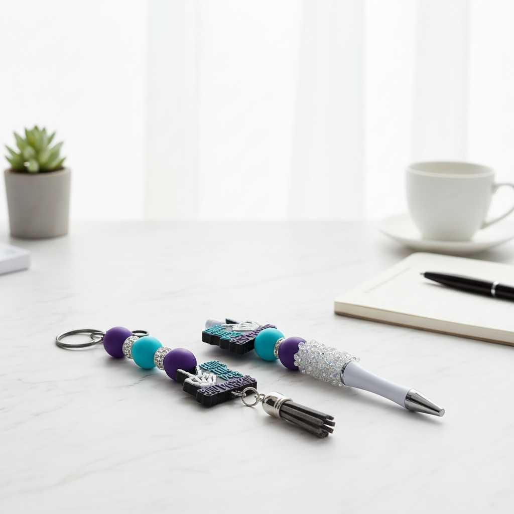 Purple and Blue Beaded Pen & Keychain Gift Set