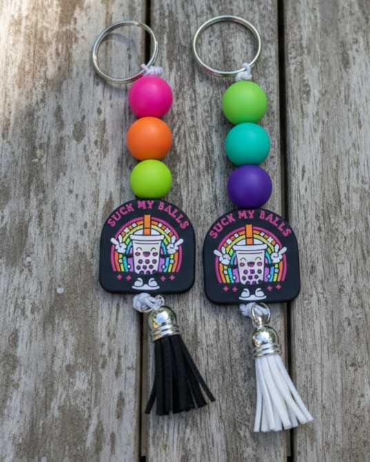 Beaded Keychain – Black Pink & Purple Wristlet Keychain, Funny Bag Charm, Trendy Handmade Accessory Gift
