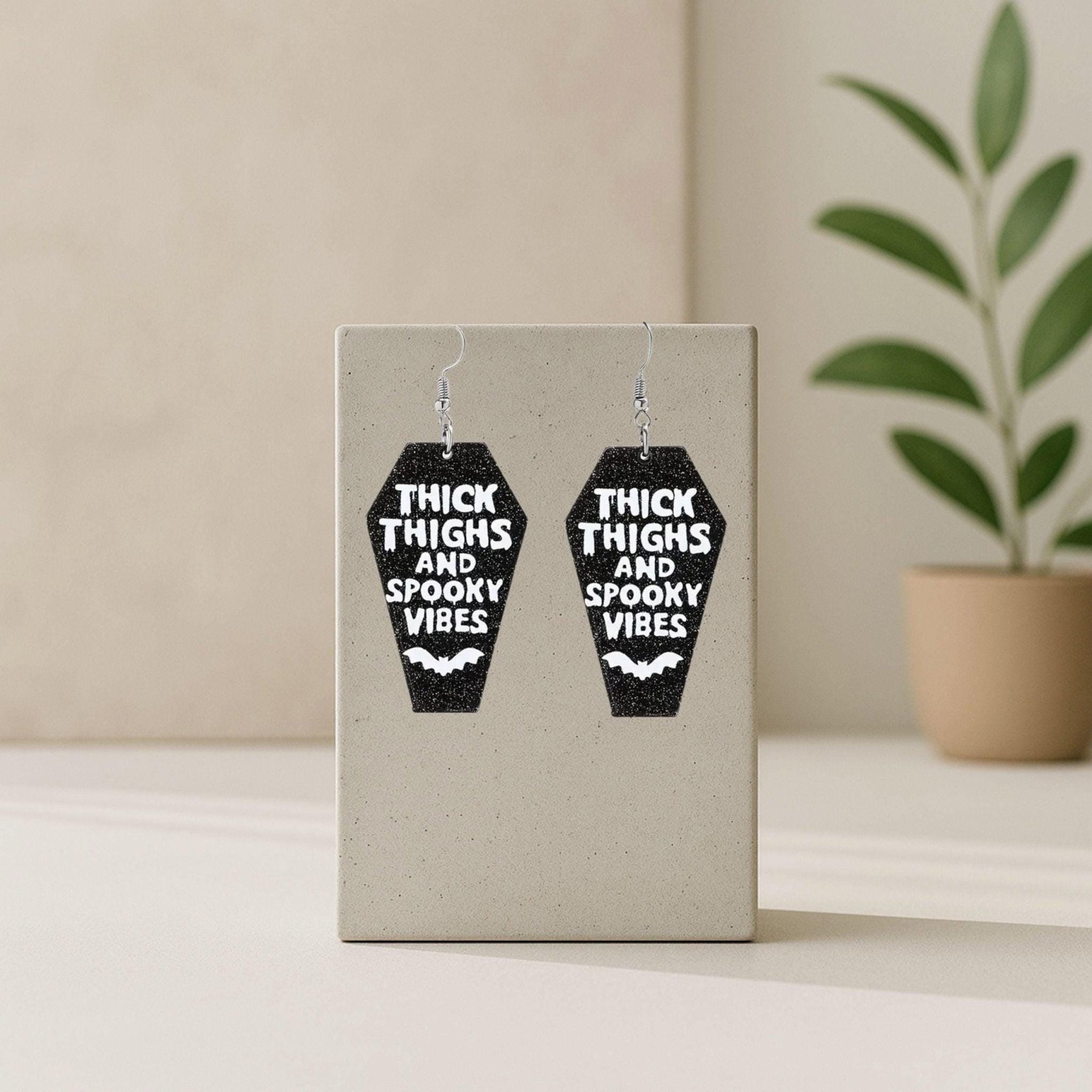 Coffin Halloween Earrings: Thick Thighs Spooky Vibes, Black Acrylic