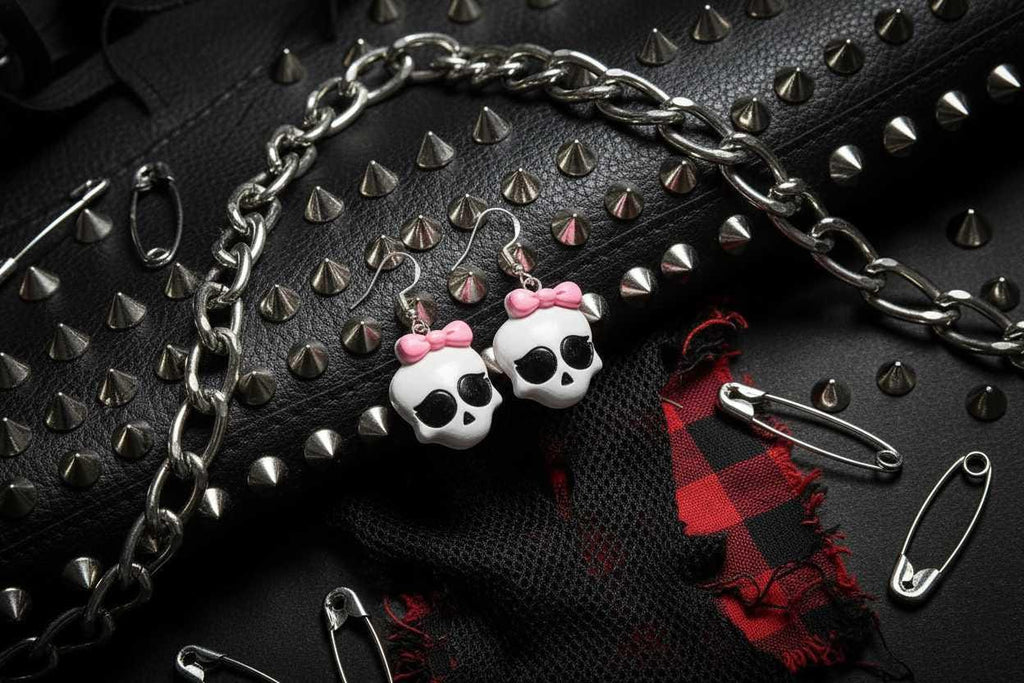 Skull Earrings with Pink Bow – Creepy Goth Jewelry