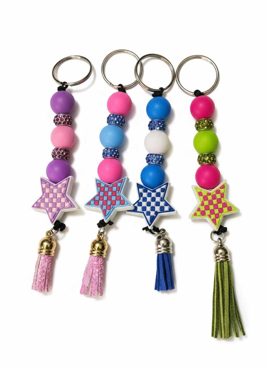 Handmade Multicolor Checkered Star Beaded Keychain | Colorful Purse Charm | Retro Silicone Keychain | Backpack Accessory | Cute Gift for Her