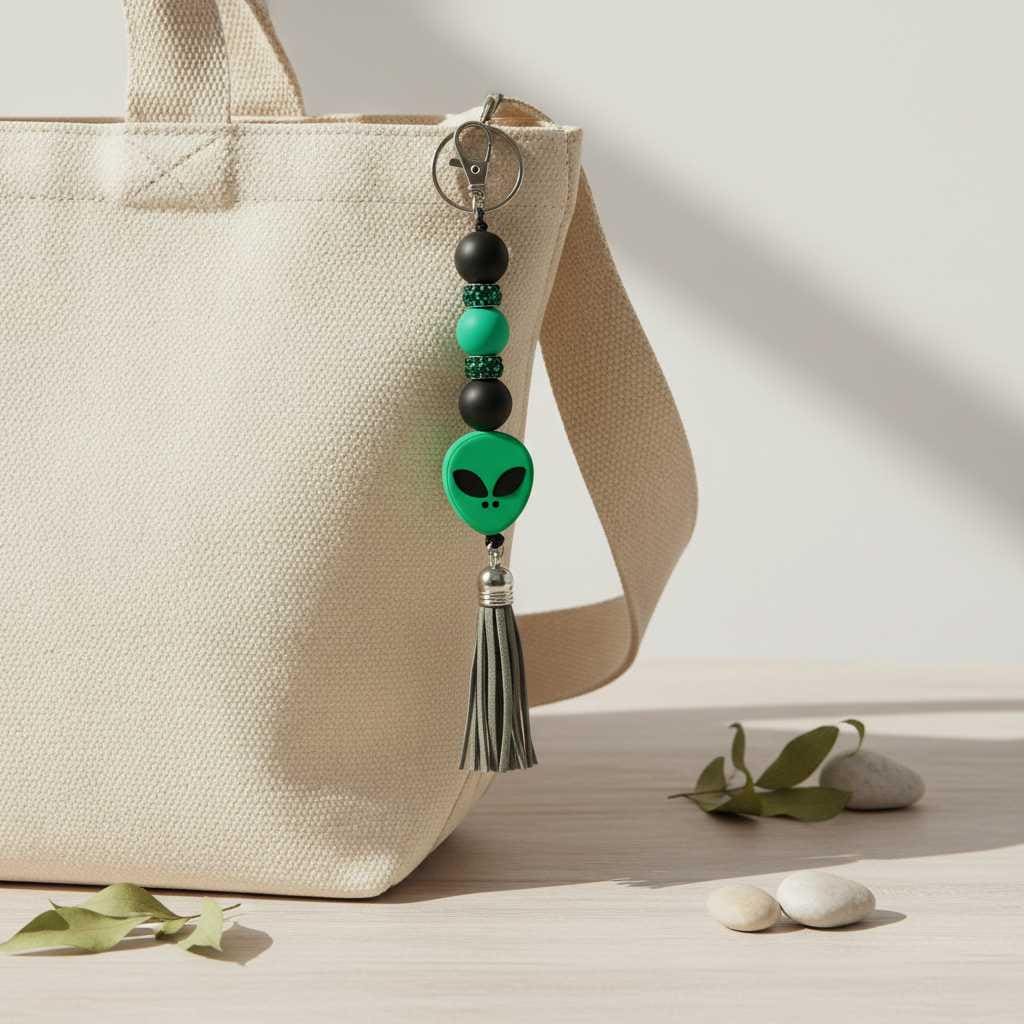 Green and Black Alien Head Keychain: Space Babe Beads, UFO Gift