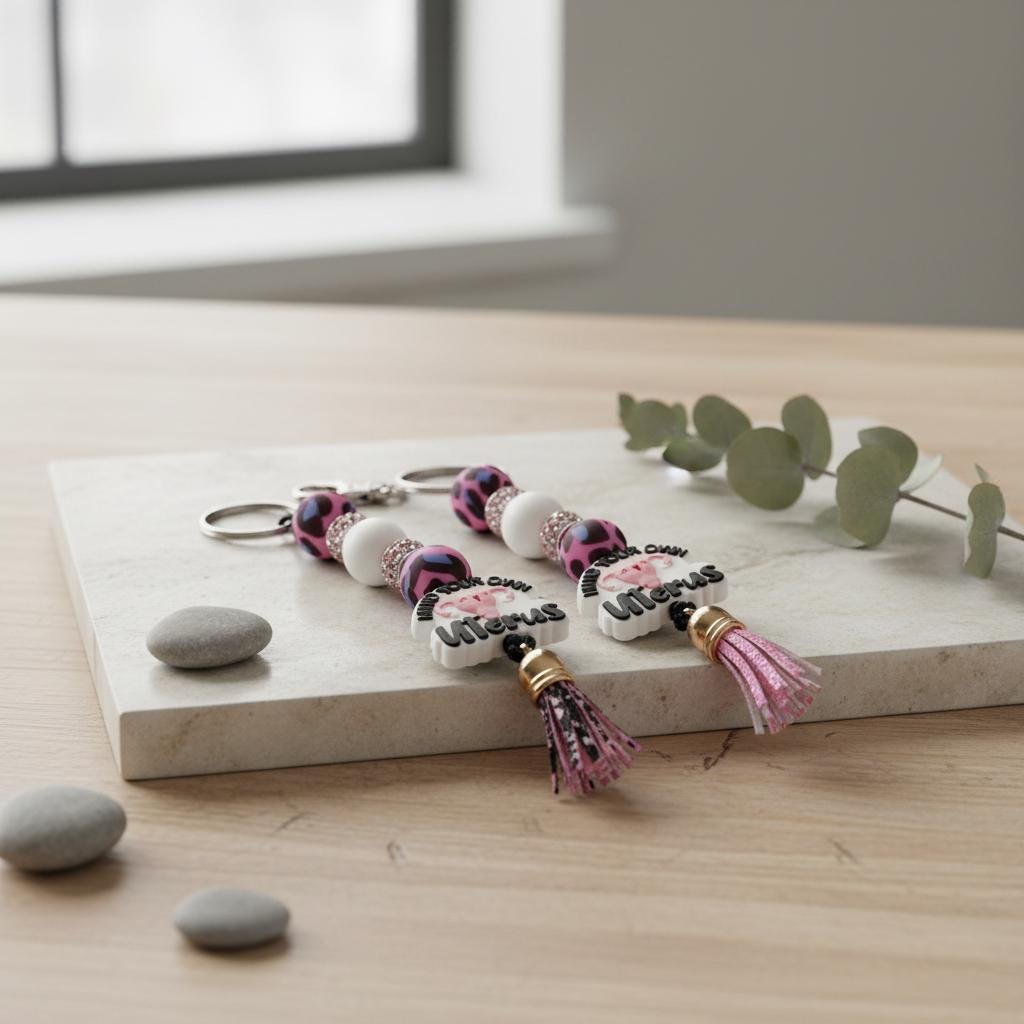Mind Your Own Uterus Pink & White Beaded Keychain | Feminist Gift | Body Autonomy Accessory | Handmade Statement Keychain