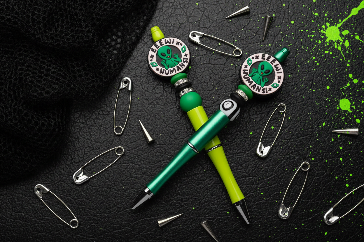 Green and Black Eeew Humans! Alien Beaded Pen
