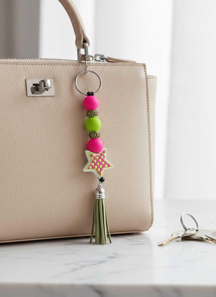 Handmade Multicolor Checkered Star Beaded Keychain | Colorful Purse Charm | Retro Silicone Keychain | Backpack Accessory | Cute Gift for Her