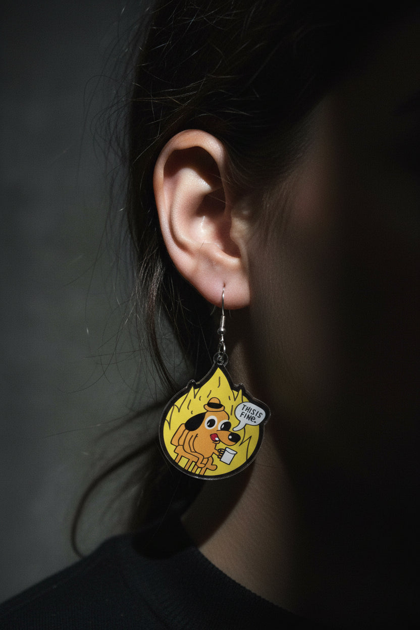 Yellow and Black This Is Fine Dangle Earrings | Funny Meme Accessory| Dumpster Fire Gift