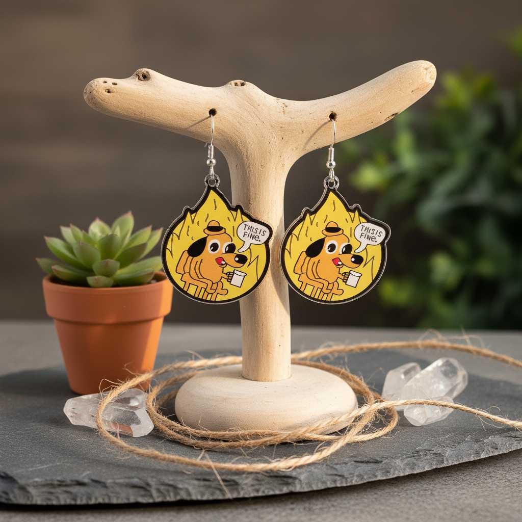 Yellow and Black This Is Fine Dangle Earrings | Funny Meme Accessory| Dumpster Fire Gift