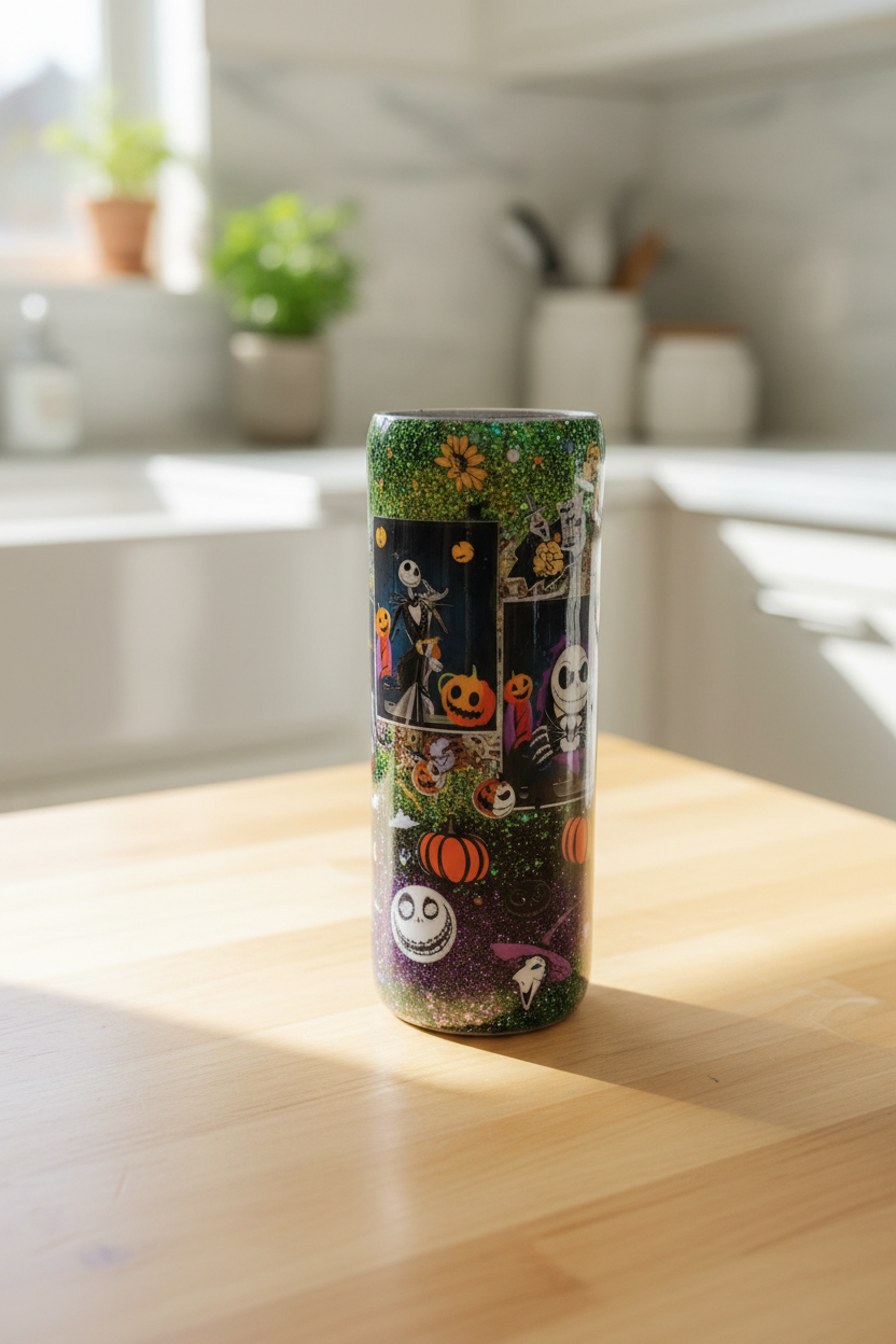 Green, Orange & Purple Halloween Epoxy Tumbler – 20oz Glitter Leopard Print Stainless Steel Cup | Spooky Fall Drinkware | Handmade Halloween Gift