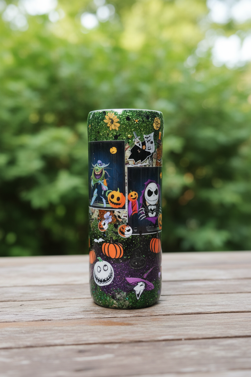 Green, Orange & Purple Halloween Epoxy Tumbler – 20oz Glitter Leopard Print Stainless Steel Cup | Spooky Fall Drinkware | Handmade Halloween Gift