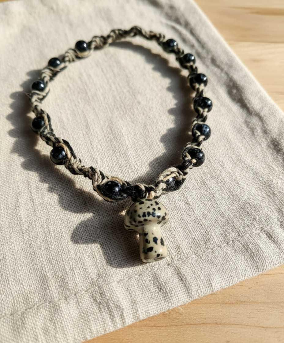 Handmade Hemp Necklace with Glass Mushroom Bead | Tan & Black Boho Cord Necklace | Nature Inspired Jewelry Gift