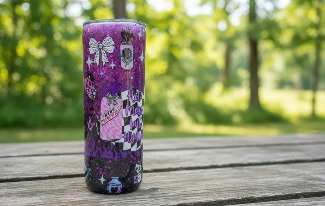 Purple Glitter Epoxy Tumbler | "Hot Mess But Hydrated" Stainless Steel Skinny Cup
