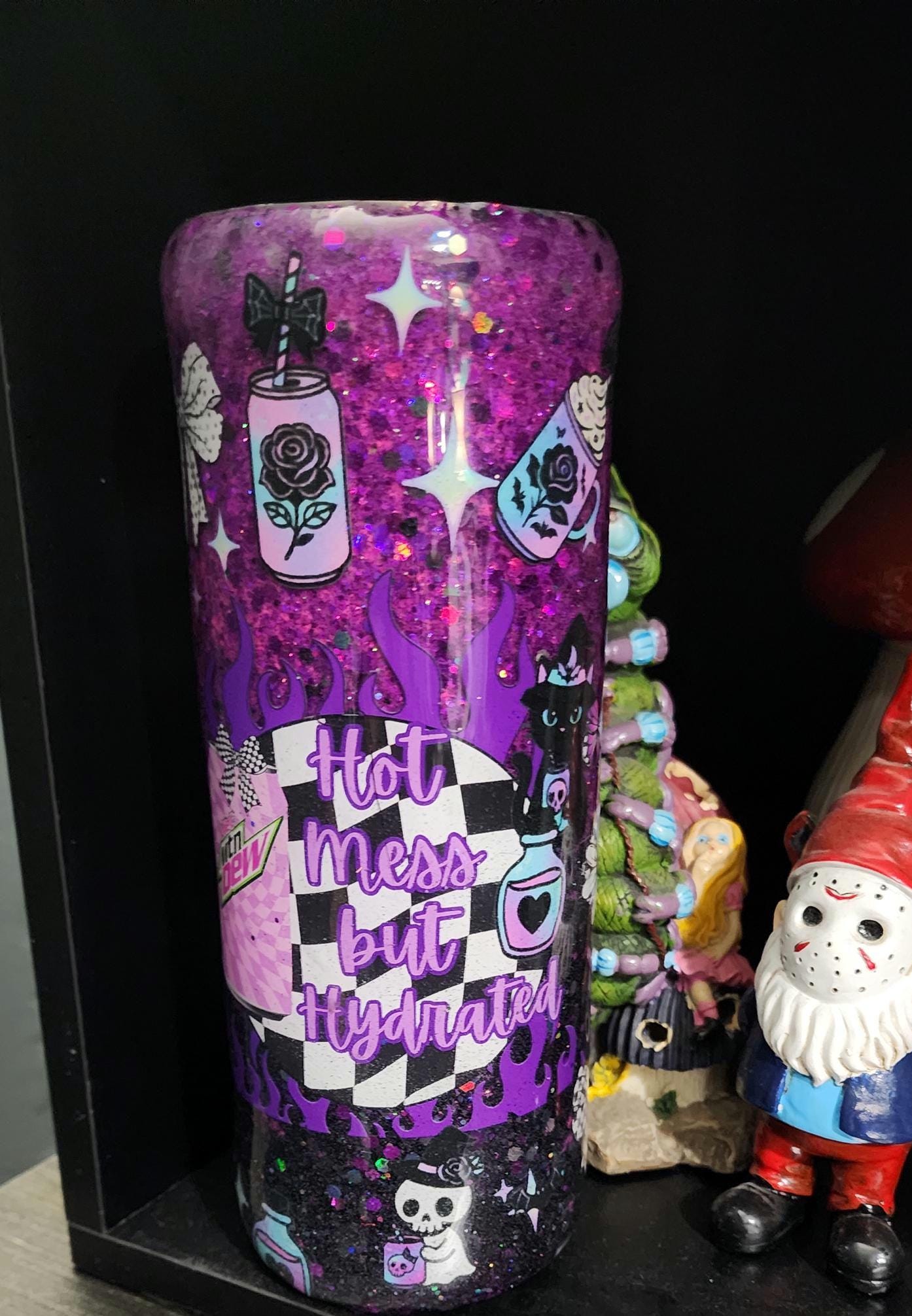 Purple Glitter Epoxy Tumbler | "Hot Mess But Hydrated" Stainless Steel Skinny Cup