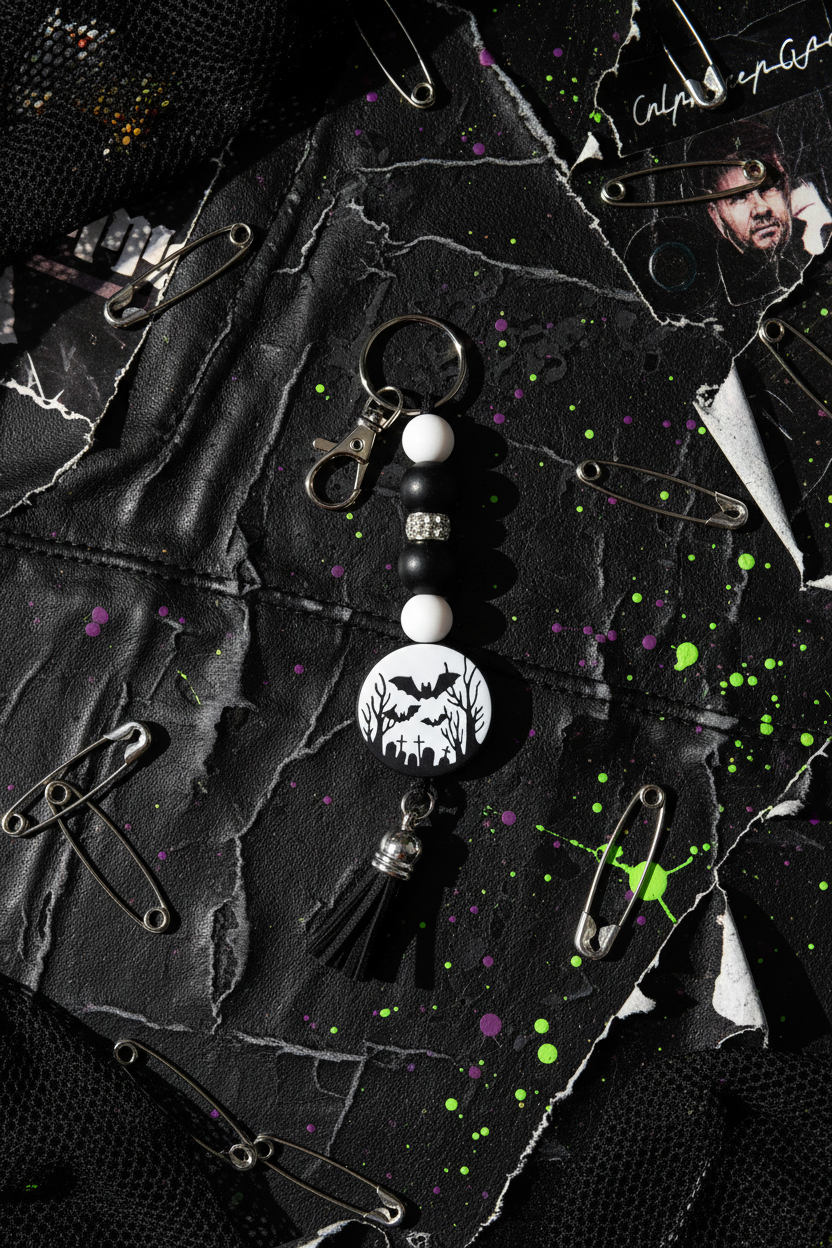 Black & White Graveyard Bats Beaded Keychain | Spooky Gothic Halloween Bag Charm