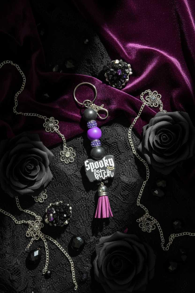 Spooky B*tch Beaded Keychain with Tassel | Halloween Keychain | Gothic Purse Charm | Creepy Cute Backpack Accessory | Spooky Gift for Her