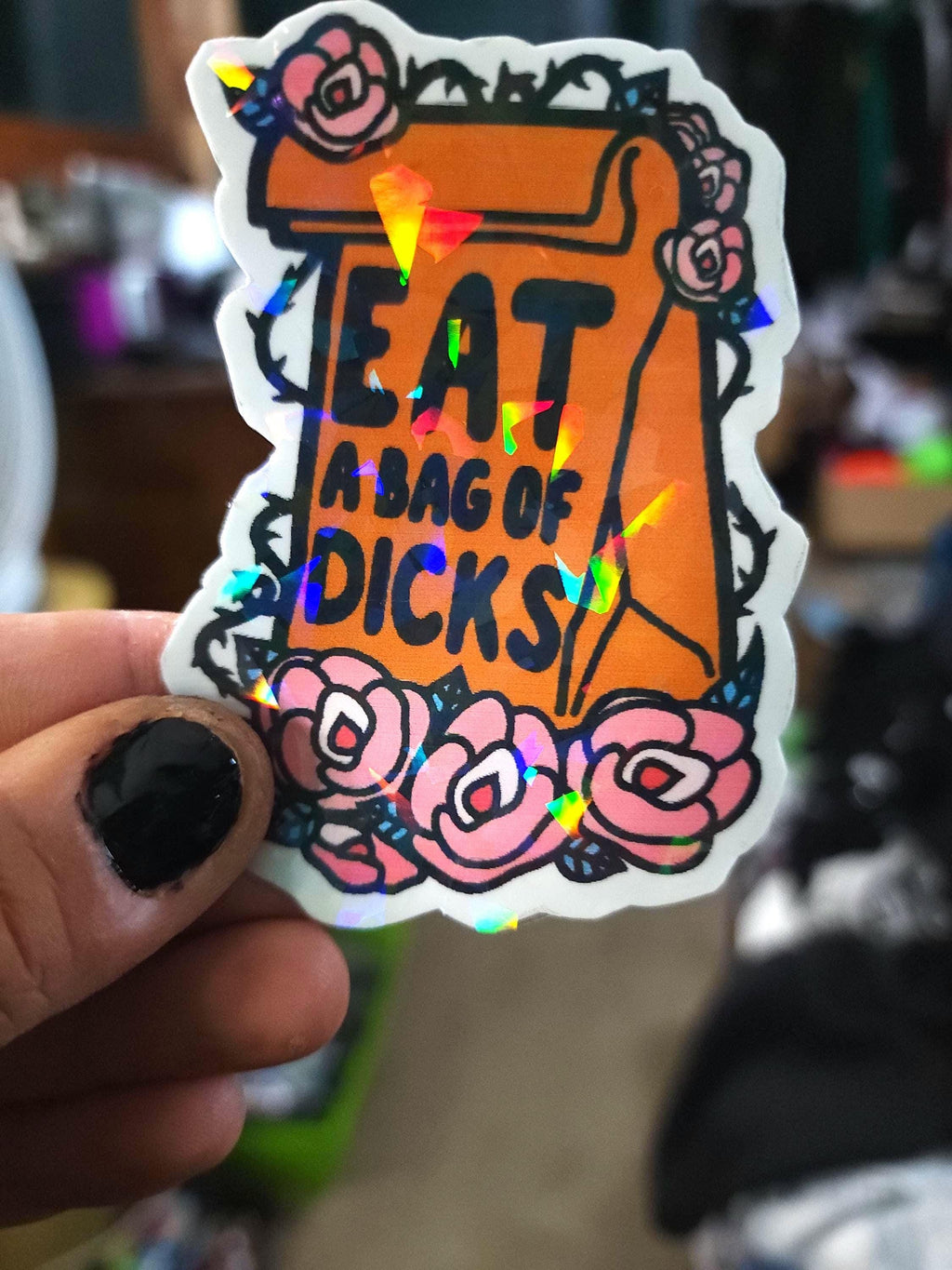 Eat a Bag of Dicks Floral Vinyl Sticker | Funny Sarcastic Sticker | Waterproof Adult Humor Decal | Cute Petty Laptop, Water Bottle & Car Sticker