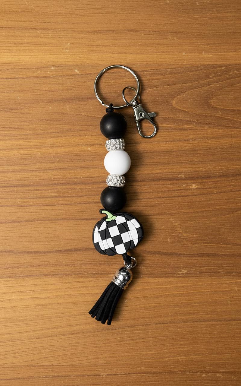 Handmade Black & White Checkered Pumpkin Keychain | Fall Beaded Keychain | Farmhouse Pumpkin Bag Charm | Halloween Key Ring | Autumn Purse Accessory | Cute Pumpkin Gift