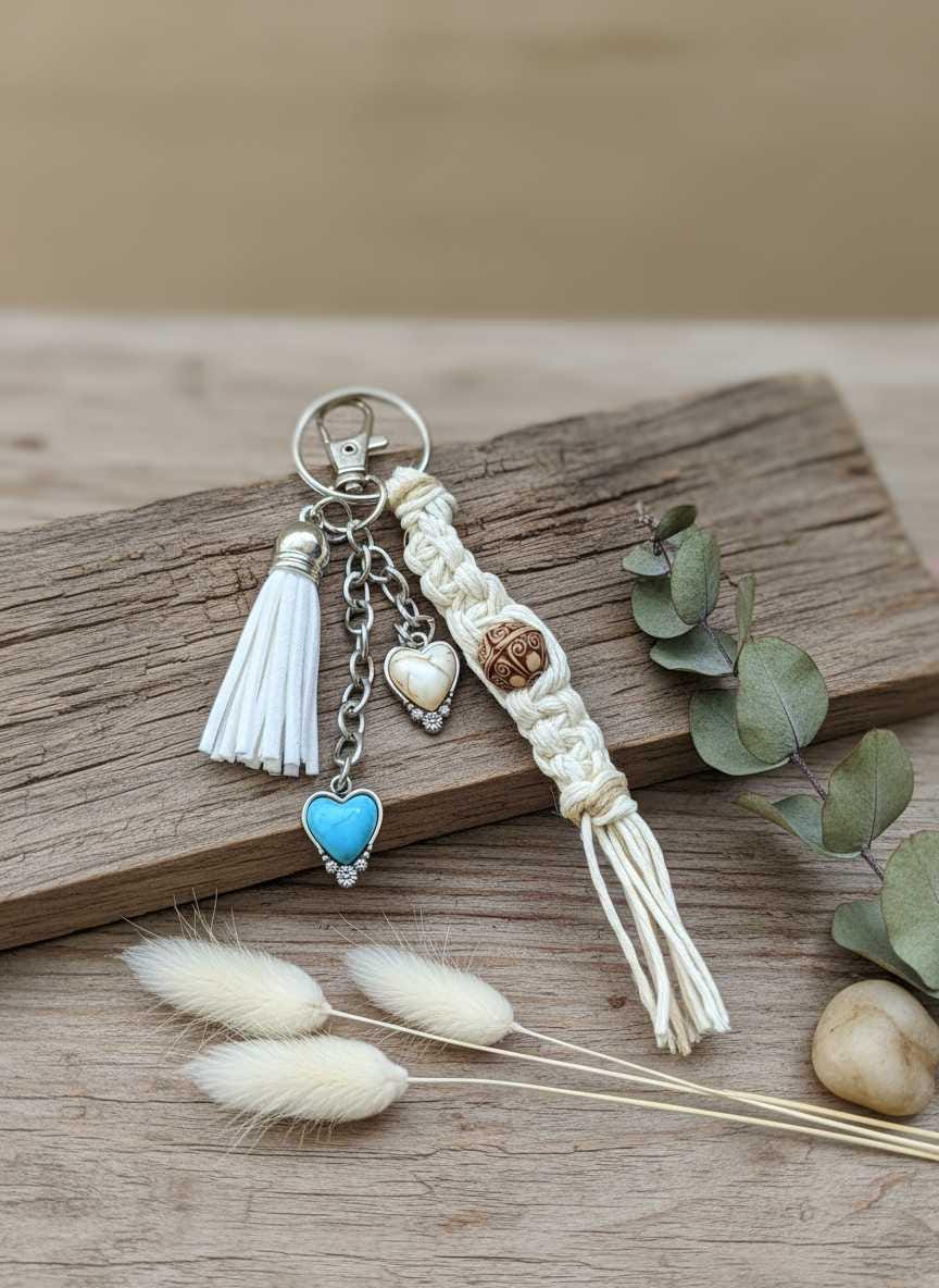 Handmade Hemp Mini Keychain with Tassel & Charms | Boho Eco-Friendly Bag Charm