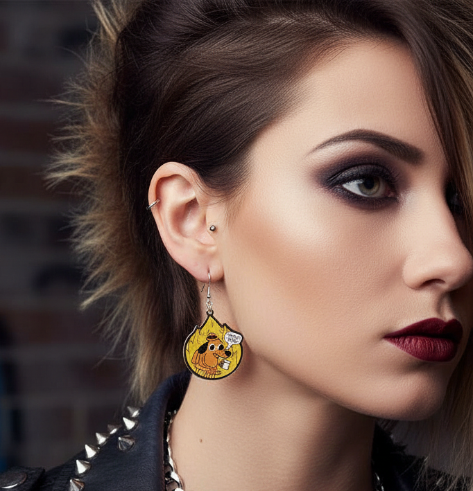 Yellow and Black This Is Fine Dangle Earrings | Funny Meme Accessory| Dumpster Fire Gift