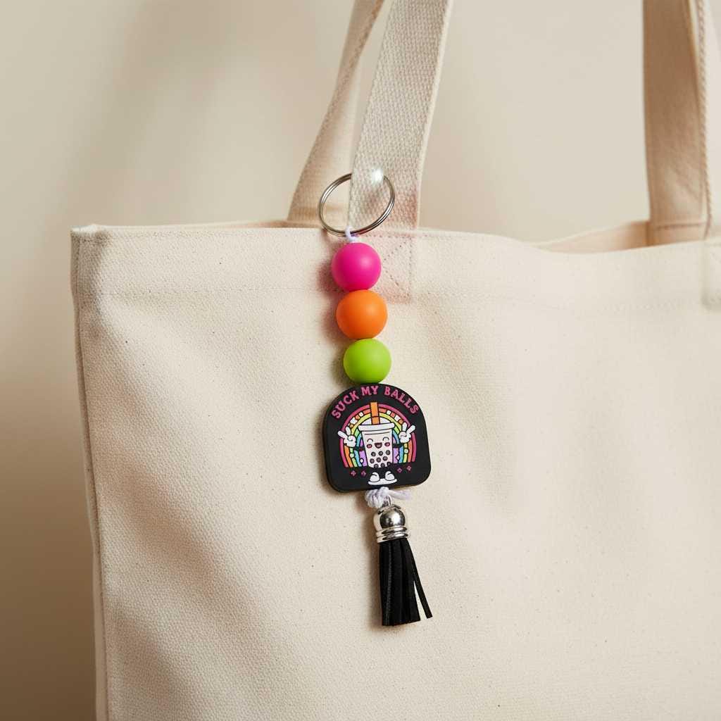 Beaded Keychain – Black Pink & Purple Wristlet Keychain, Funny Bag Charm, Trendy Handmade Accessory Gift