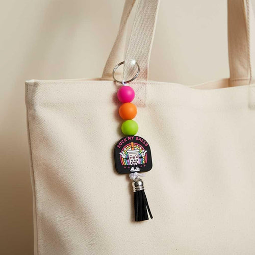 Beaded Keychain – Black Pink & Purple Wristlet Keychain, Funny Bag Charm, Trendy Handmade Accessory Gift