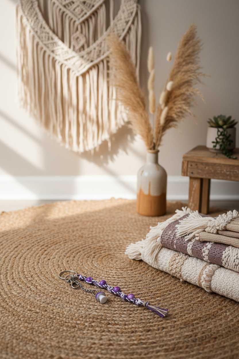 Handmade Hemp Keychain with Purple Mushroom Bead | Boho Beaded Keychain | Cottagecore Bag Charm | Nature Inspired Gift | Glass Bead Keyring