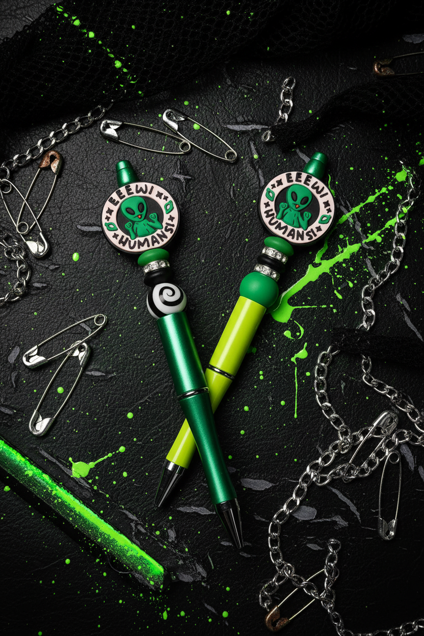 Green and Black Eeew Humans! Alien Beaded Pen