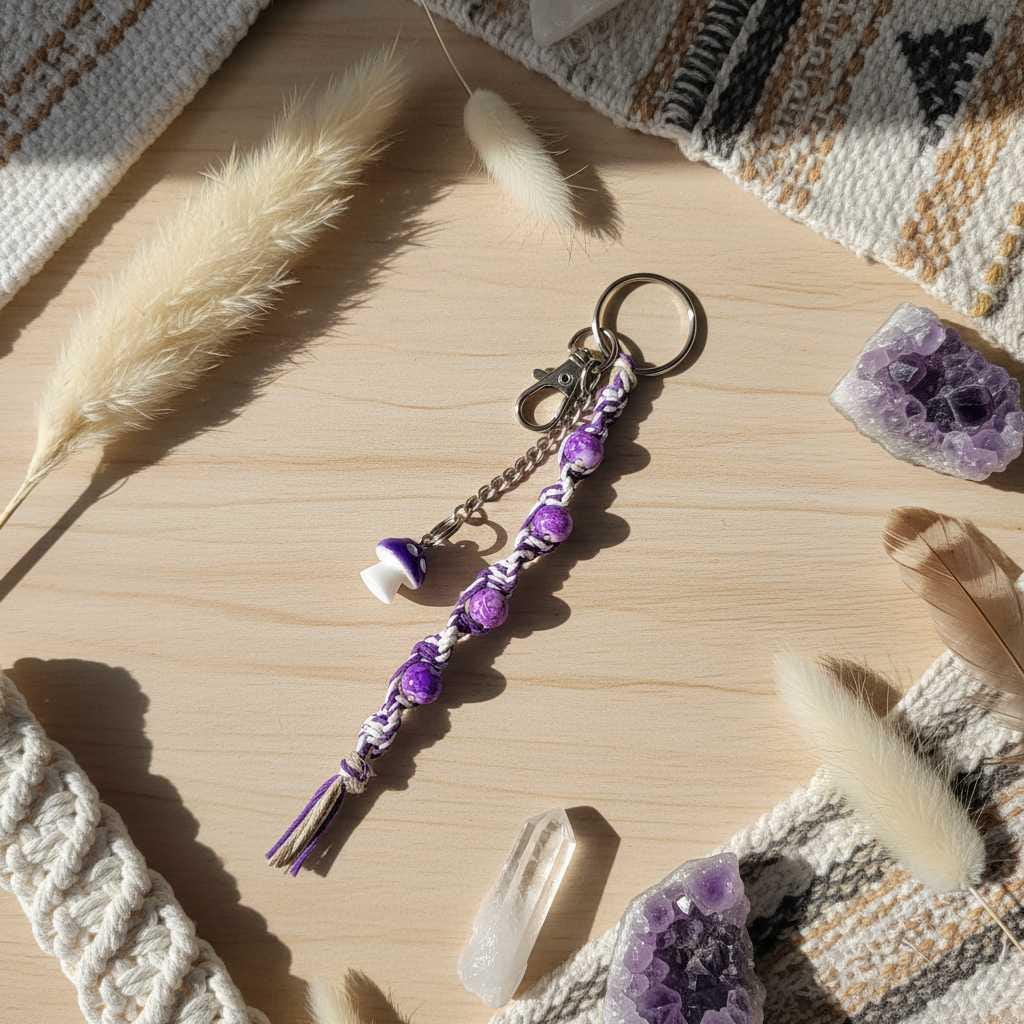 Handmade Hemp Keychain with Purple Mushroom Bead | Boho Beaded Keychain | Cottagecore Bag Charm | Nature Inspired Gift | Glass Bead Keyring