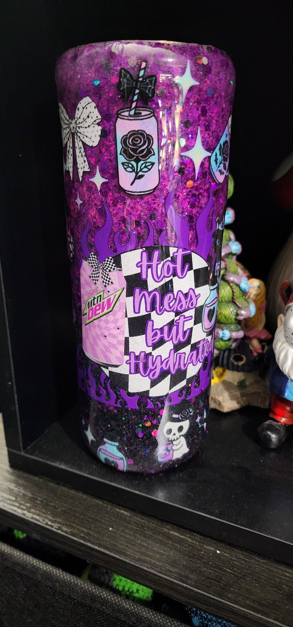 Purple Glitter Epoxy Tumbler | "Hot Mess But Hydrated" Stainless Steel Skinny Cup