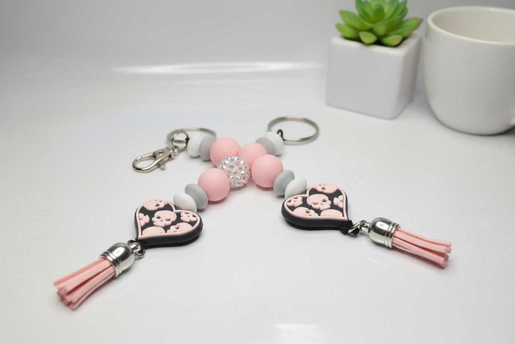 Handmade Pink & Black Skull Heart Beaded Keychain | Cute Goth Keychain | Gothic Purse Charm | Halloween Accessory | Alternative Gift