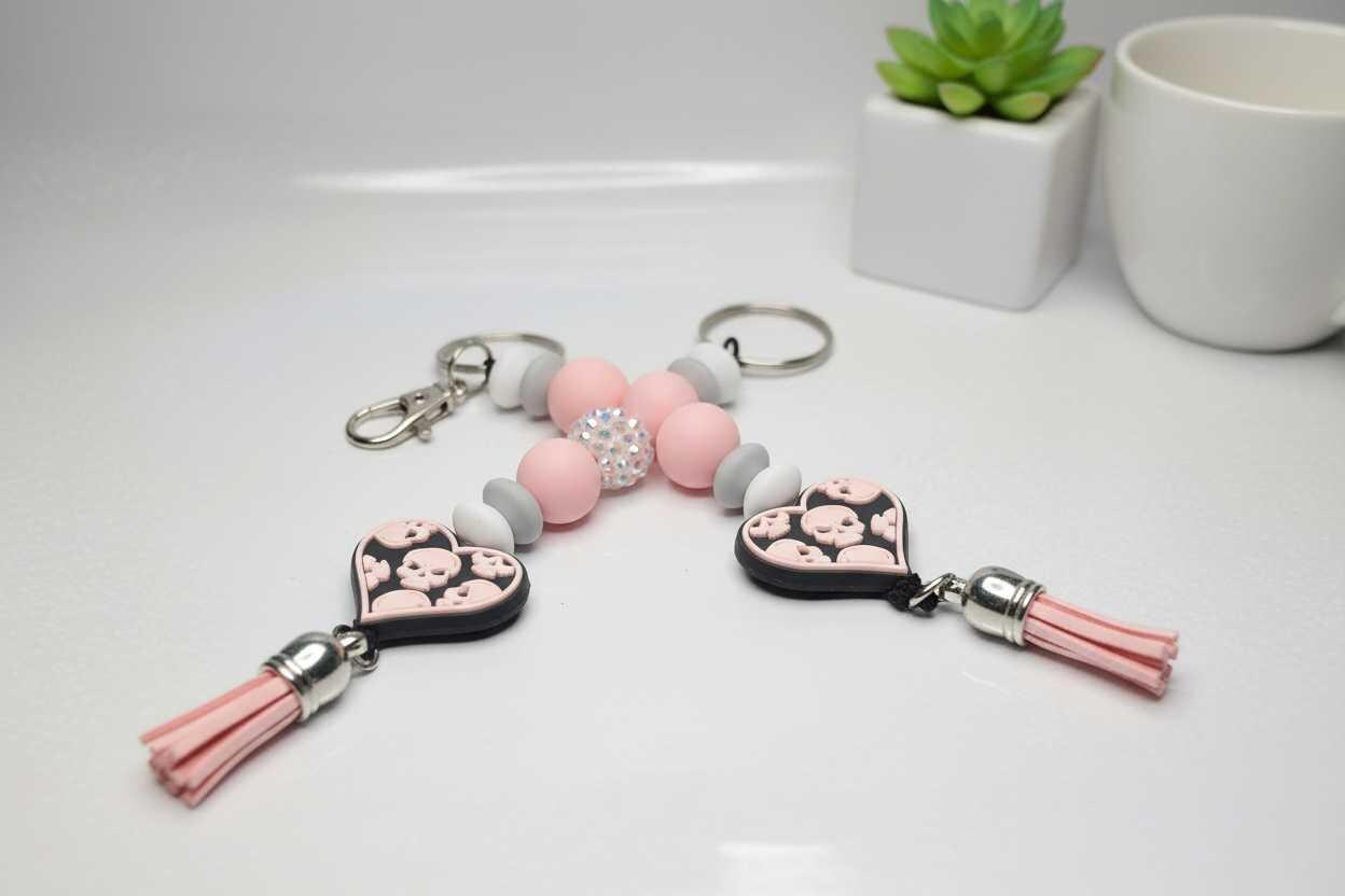 Handmade Pink & Black Skull Heart Beaded Keychain | Cute Goth Keychain | Gothic Purse Charm | Halloween Accessory | Alternative Gift