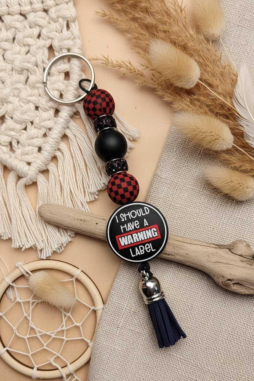 Should Have a Warning Label Beaded Keychain | Funny Keychain | Snarky Gift | Handmade Tassel Keychain | Bag Charm | Purse Accessory