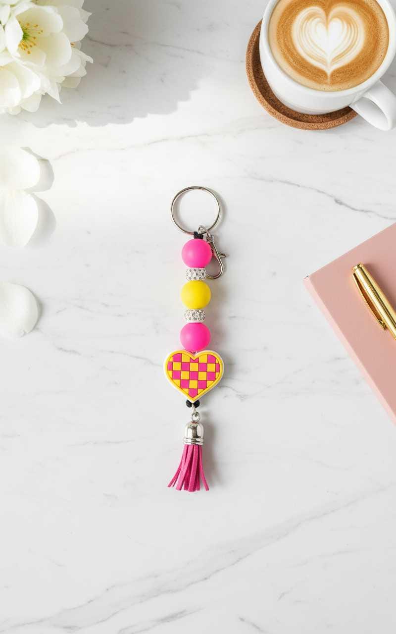 Checkered Heart Beaded Keychain | Handmade Retro Keychain | Cute Backpack & Purse Charm Gift