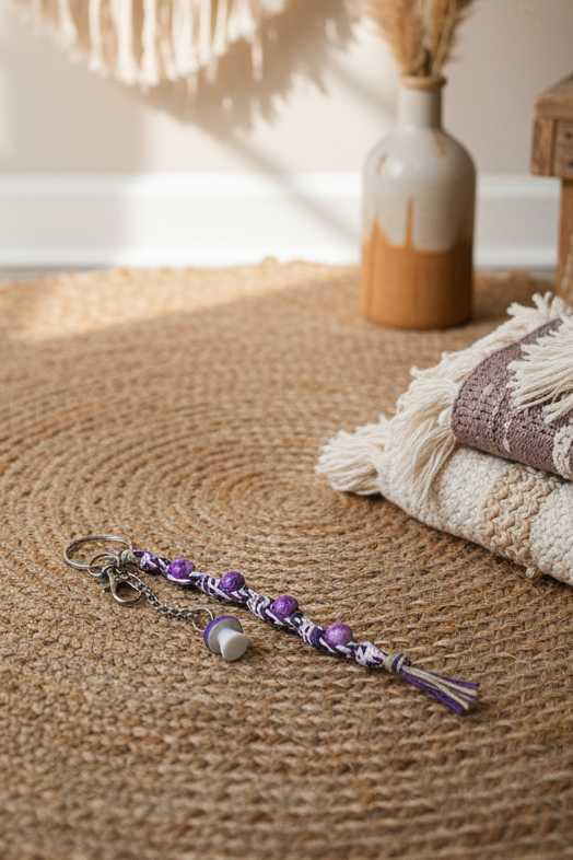 Handmade Hemp Keychain with Purple Mushroom Bead | Boho Beaded Keychain | Cottagecore Bag Charm | Nature Inspired Gift | Glass Bead Keyring