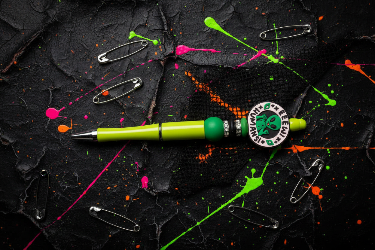 Green and Black Eeew Humans! Alien Beaded Pen