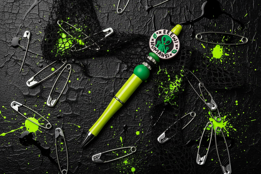Green and Black Eeew Humans! Alien Beaded Pen