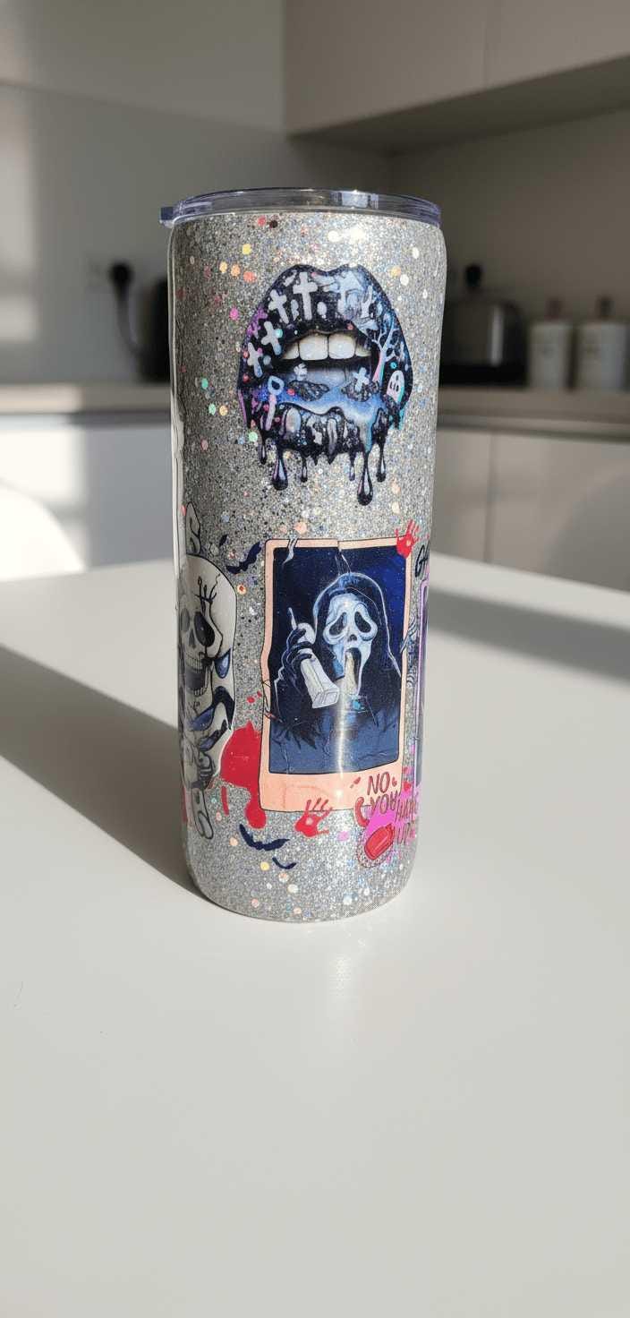 Horror Glitter Epoxy Tumbler | Handmade Spooky Stainless Steel Cup | Creepy Cute Halloween Coffee Tumbler | Gothic Gift for Horror Fans