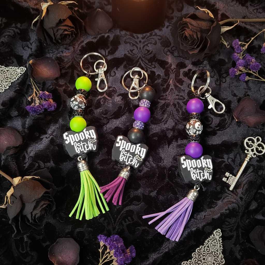 Spooky B*tch Beaded Keychain with Tassel | Halloween Keychain | Gothic Purse Charm | Creepy Cute Backpack Accessory | Spooky Gift for Her