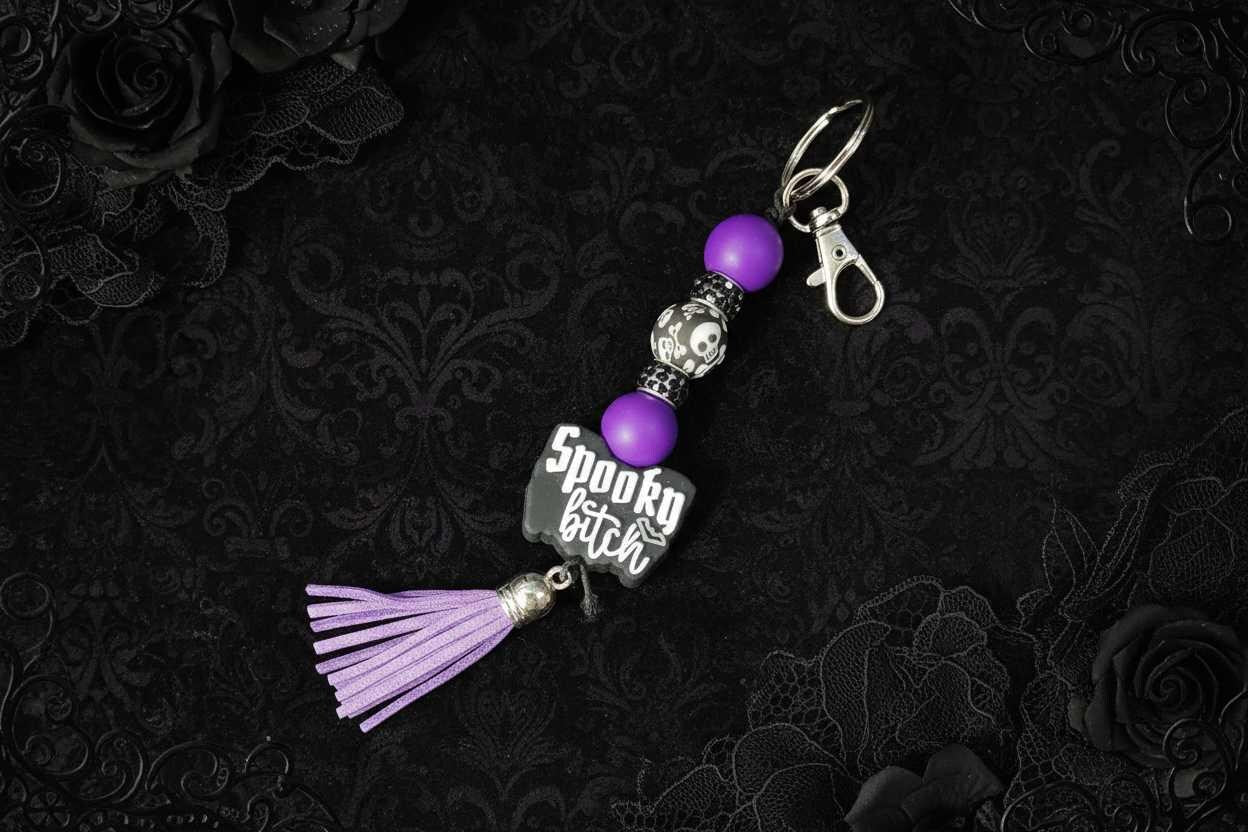 Spooky B*tch Beaded Keychain with Tassel | Halloween Keychain | Gothic Purse Charm | Creepy Cute Backpack Accessory | Spooky Gift for Her