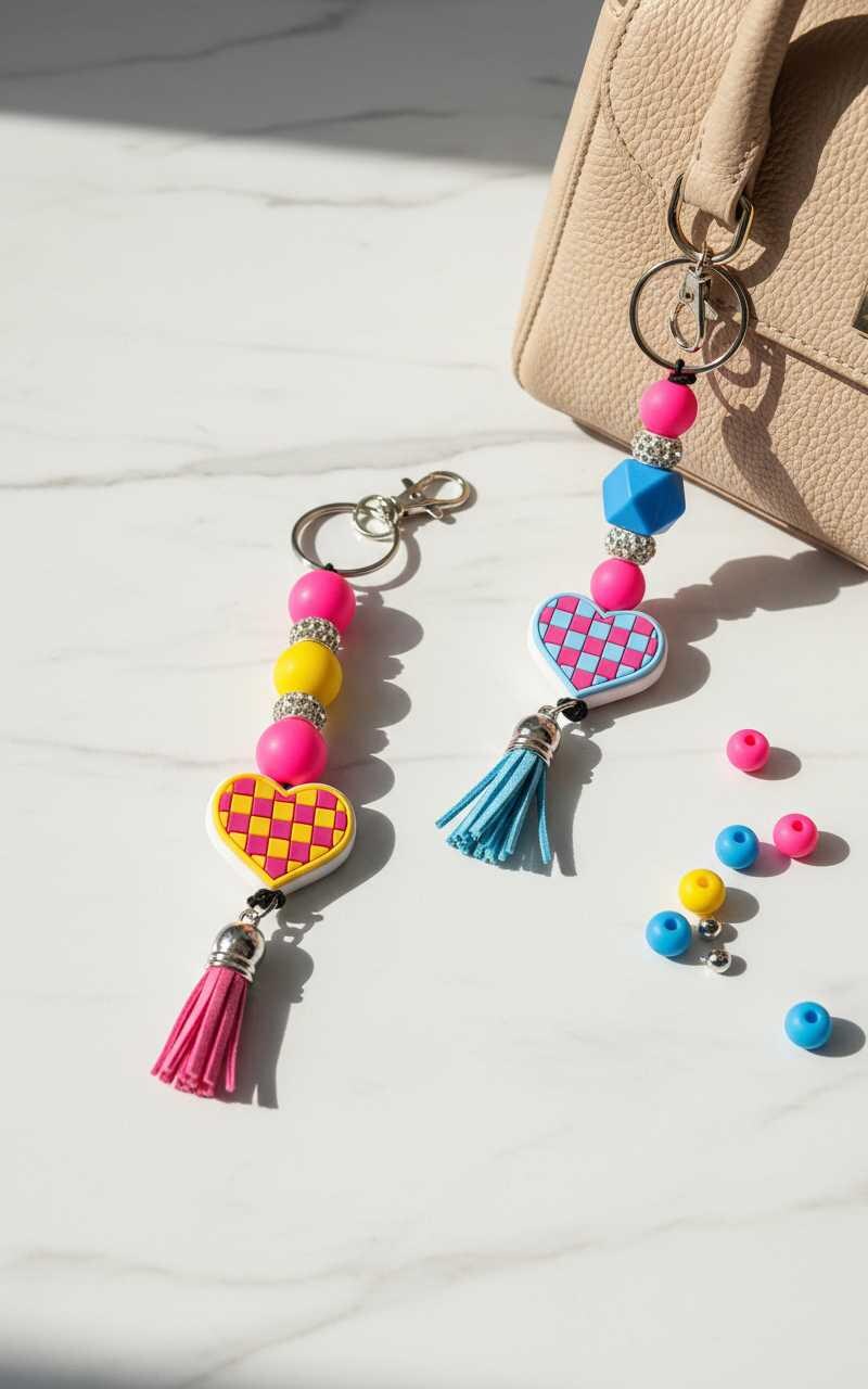 Checkered Heart Beaded Keychain | Handmade Retro Keychain | Cute Backpack & Purse Charm Gift