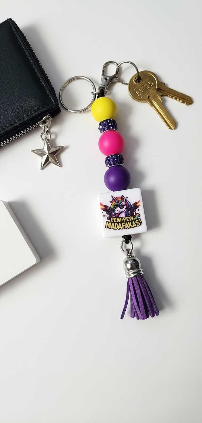 Pew Madafacka Unicorn Keychain – Funny Magical Beaded Charm with Savage Attitude